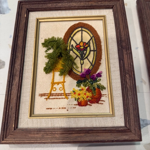 Vintage Sunset Designs framed Set of 3 Crewel Embroidery Plants Flowers 70s - Picture 3 of 8